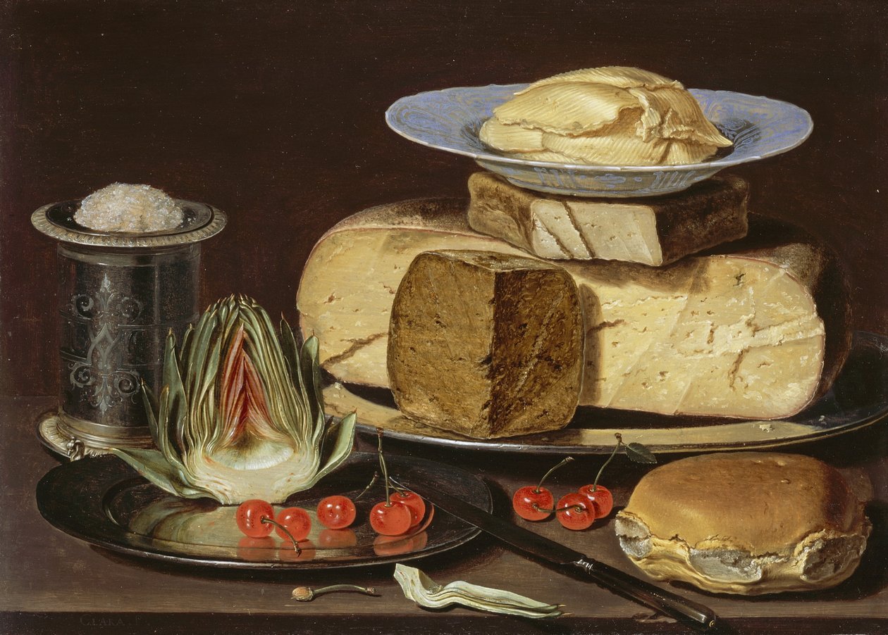 Stilleben med oster, artisjokk og kirsebær, ca 1625 av Charlotte Evans