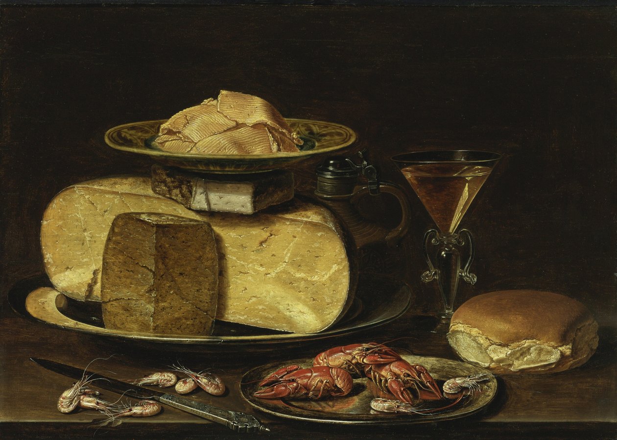 Stilleben med oster, Glas à la façon de Venise og sjøkreps på tinnfat av Charlotte Evans