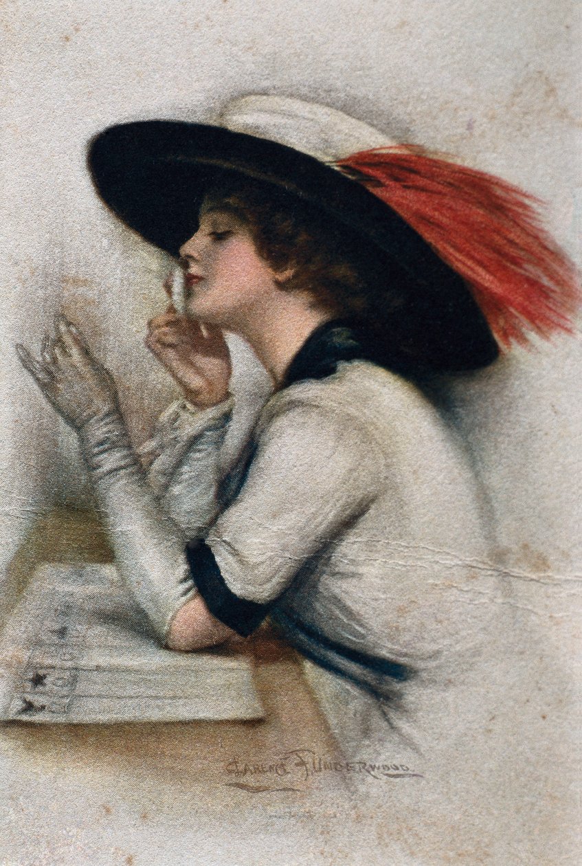 En elegant ung kvinne som stemte i valget i 1920 i USA, 1900-tallet (farge litho) av Clarence F. Underwood