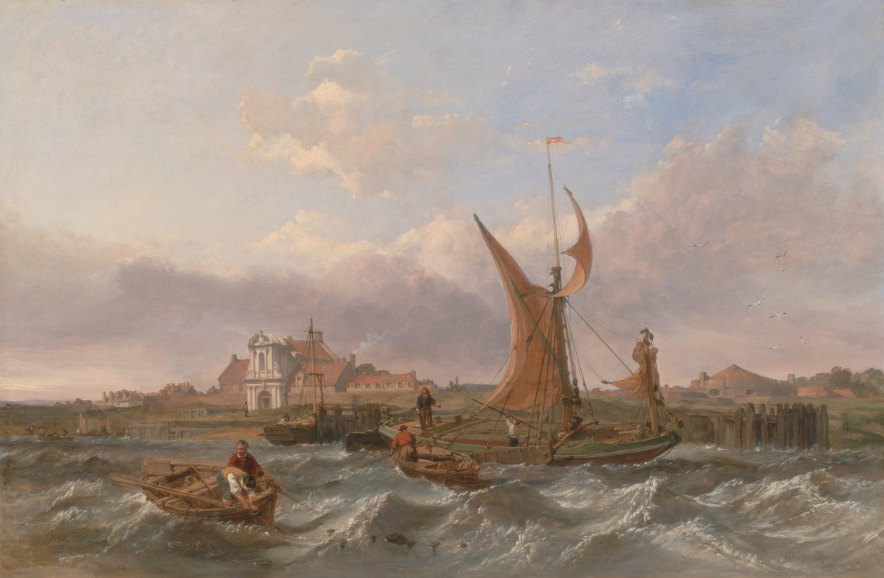 En Thames-lekter løper nedover mot Tilbury Fort av Clarkson Stanfield