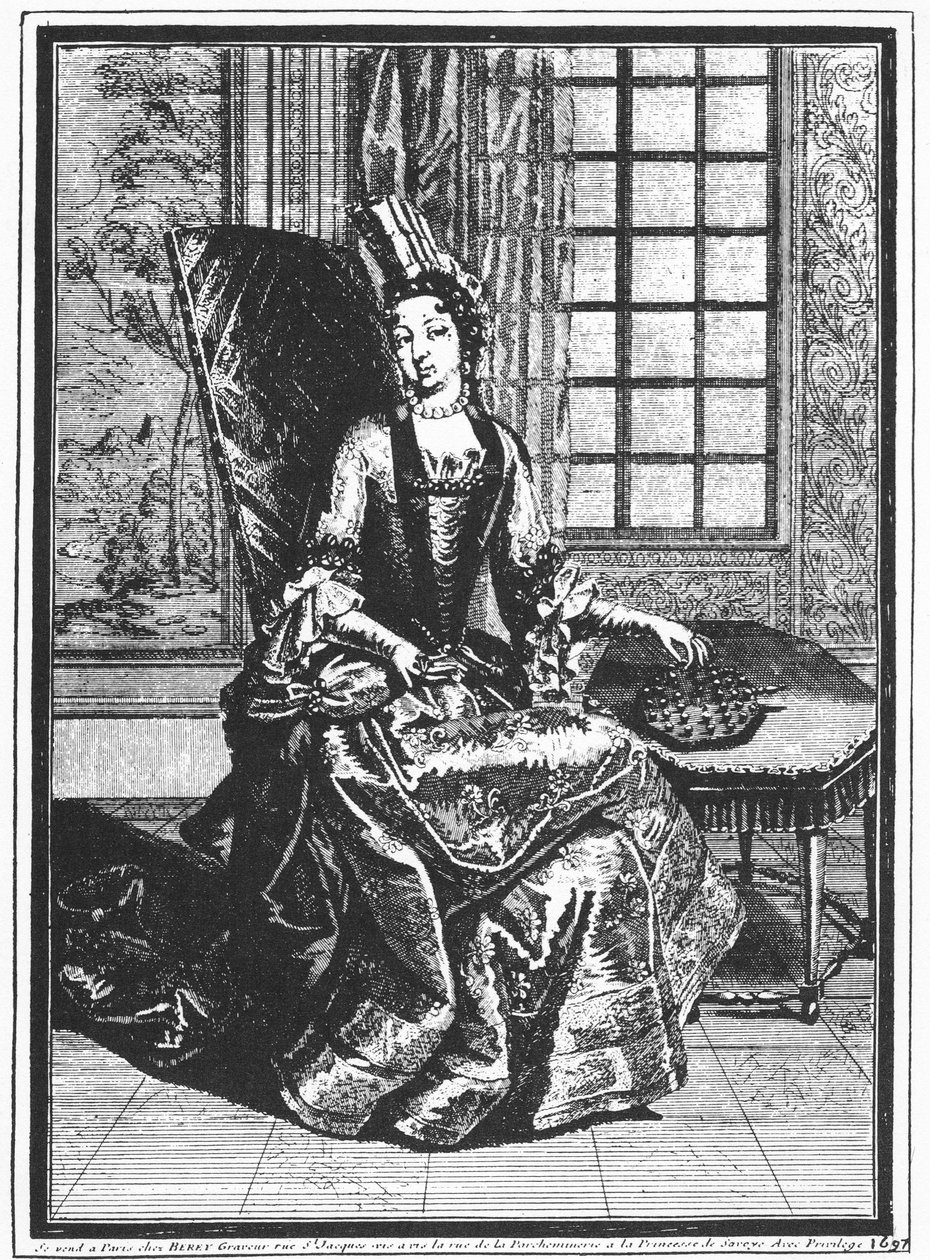 Anne Chabot de Rohan Princesse de Soubise (1663-1709) med Peg Solitaire, portrettmaleri, 1687 av Claude Auguste Berey