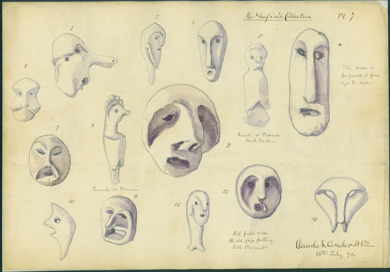 Idoler fra Mr Shapiras samling, plate 7, 1872 (wc og blyant på papir) av Claude Conder