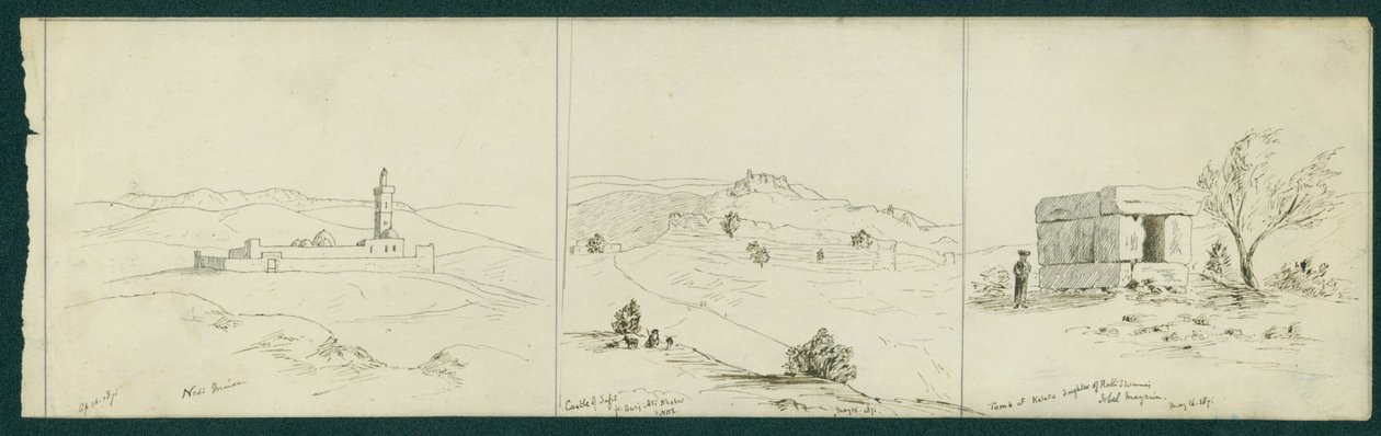 LtoR: Nebi Musa, Castle of Safet og Tomb of Kalata, 1871 av Claude Conder