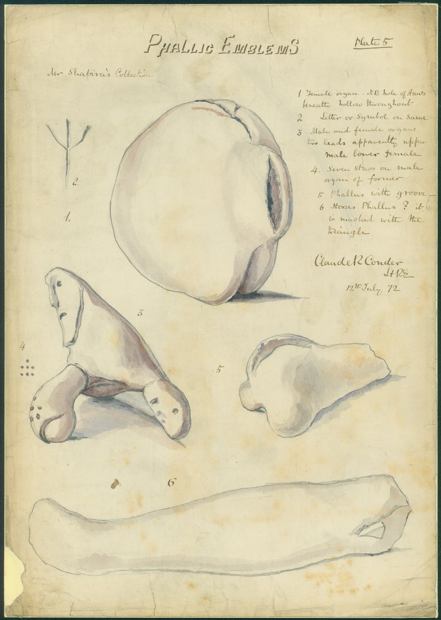 Falliske emblemer, Mr Shapiras samling, plate 5, 1872 (wc og blyant på papir) av Claude Conder