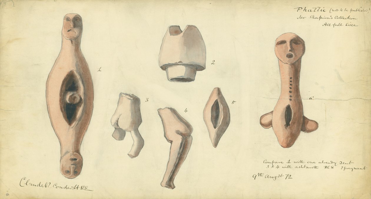Falliske emblemer fra Mr Shapiras samling, 1872 (wc og blyant på papir) av Claude Conder