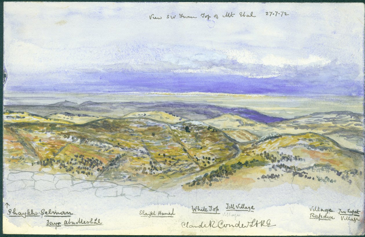 Utsikt fra sørvest fra toppen av Mount Ebal, 1872 (wc og blyant på papir) av Claude Conder