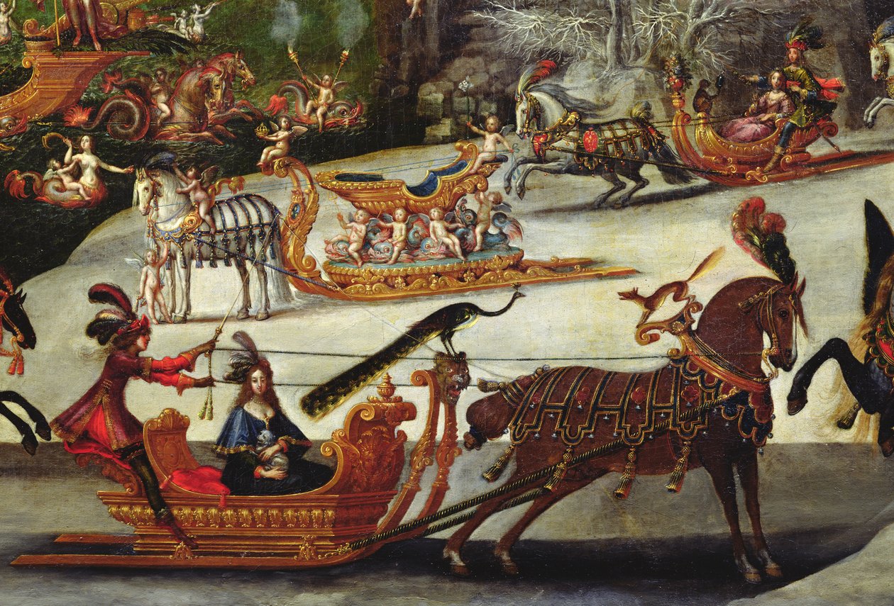Vann, detalj av en påfugl som sitter på en slede, ca. 1640-41 (detalj av 387338) av Claude Deruet