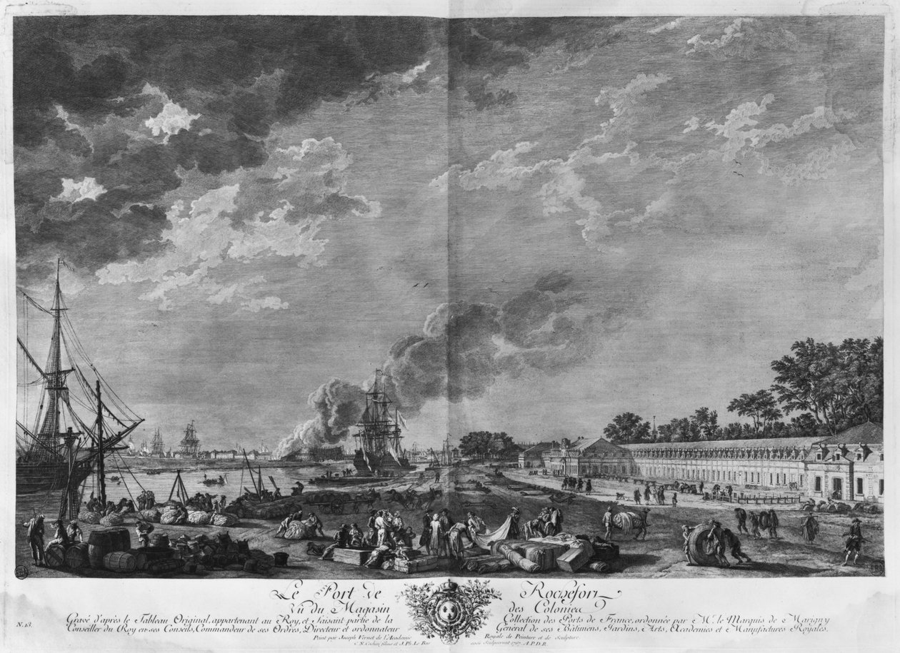 Port of Rochefort, sett fra kolonienes butikk, serie av 'Les Ports de France', gravert av Charles Nicolas Cochin den yngre (1715-90) og Jacques Philippe Le Bas (1707-83) 1767 (etsing und burin) av Claude Joseph Vernet