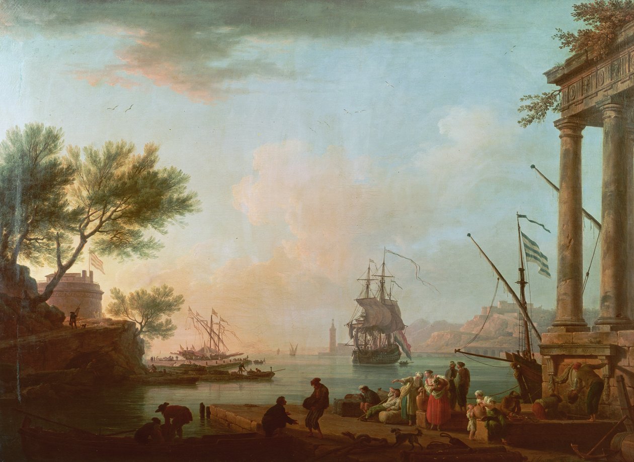 Havn, soloppgang, 1757 av Claude Joseph Vernet