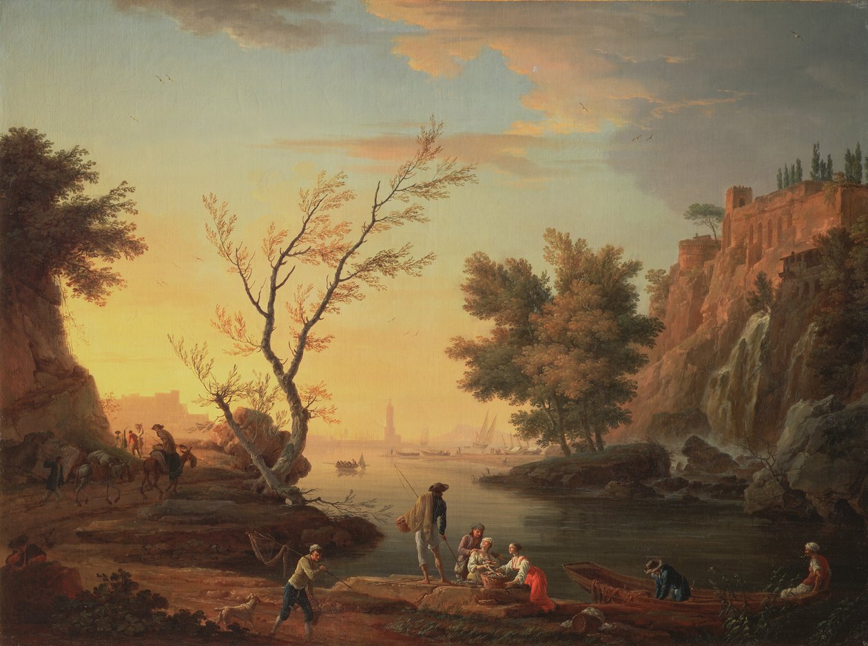 Havnehavn ved solnedgang, 1751 av Claude Joseph Vernet