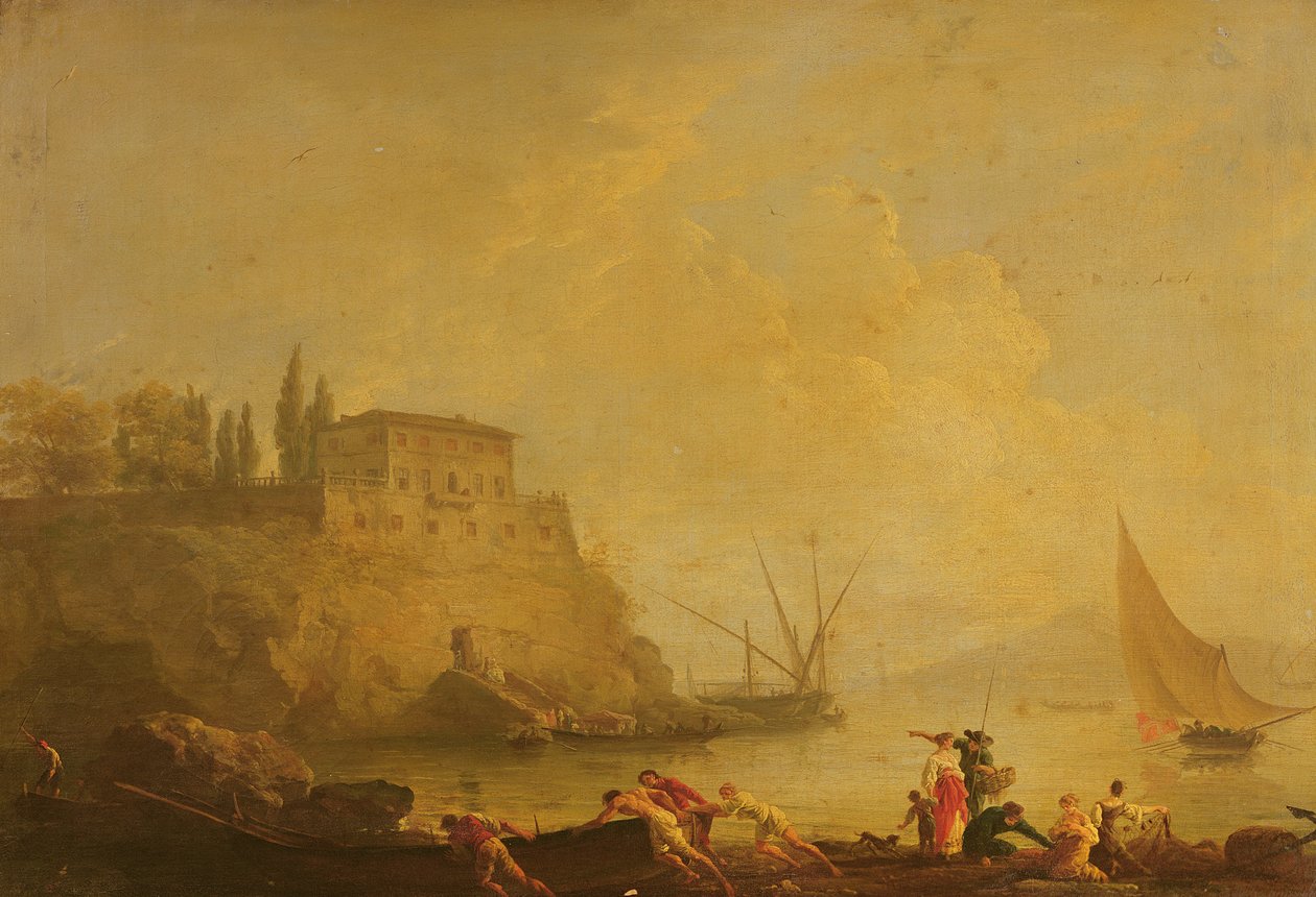 Havlandskap, solnedgang: fiskere skyver ut en båt av Claude Joseph Vernet