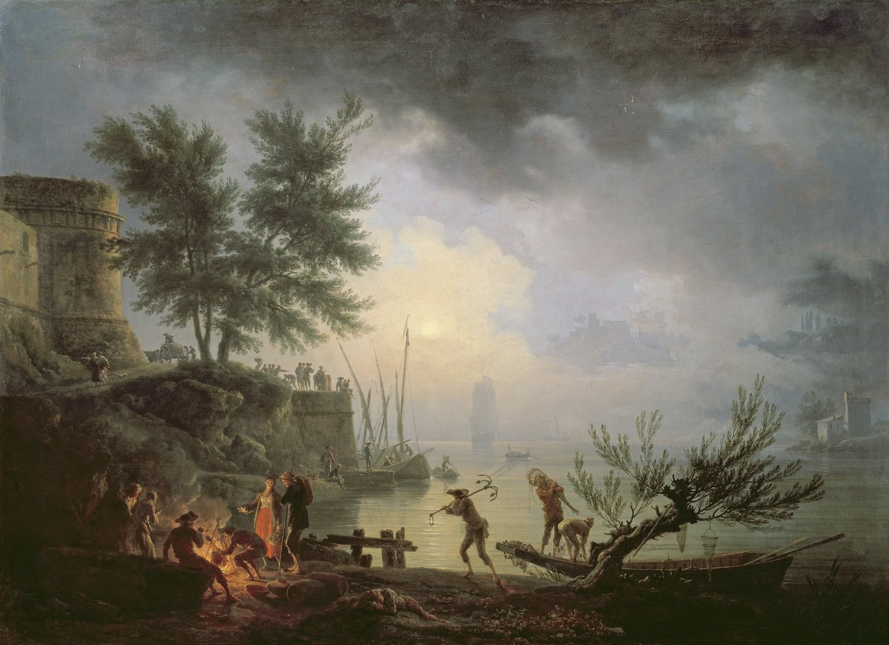 Soloppgang, en kystscene med figurer rundt en brann, 1760 av Claude Joseph Vernet