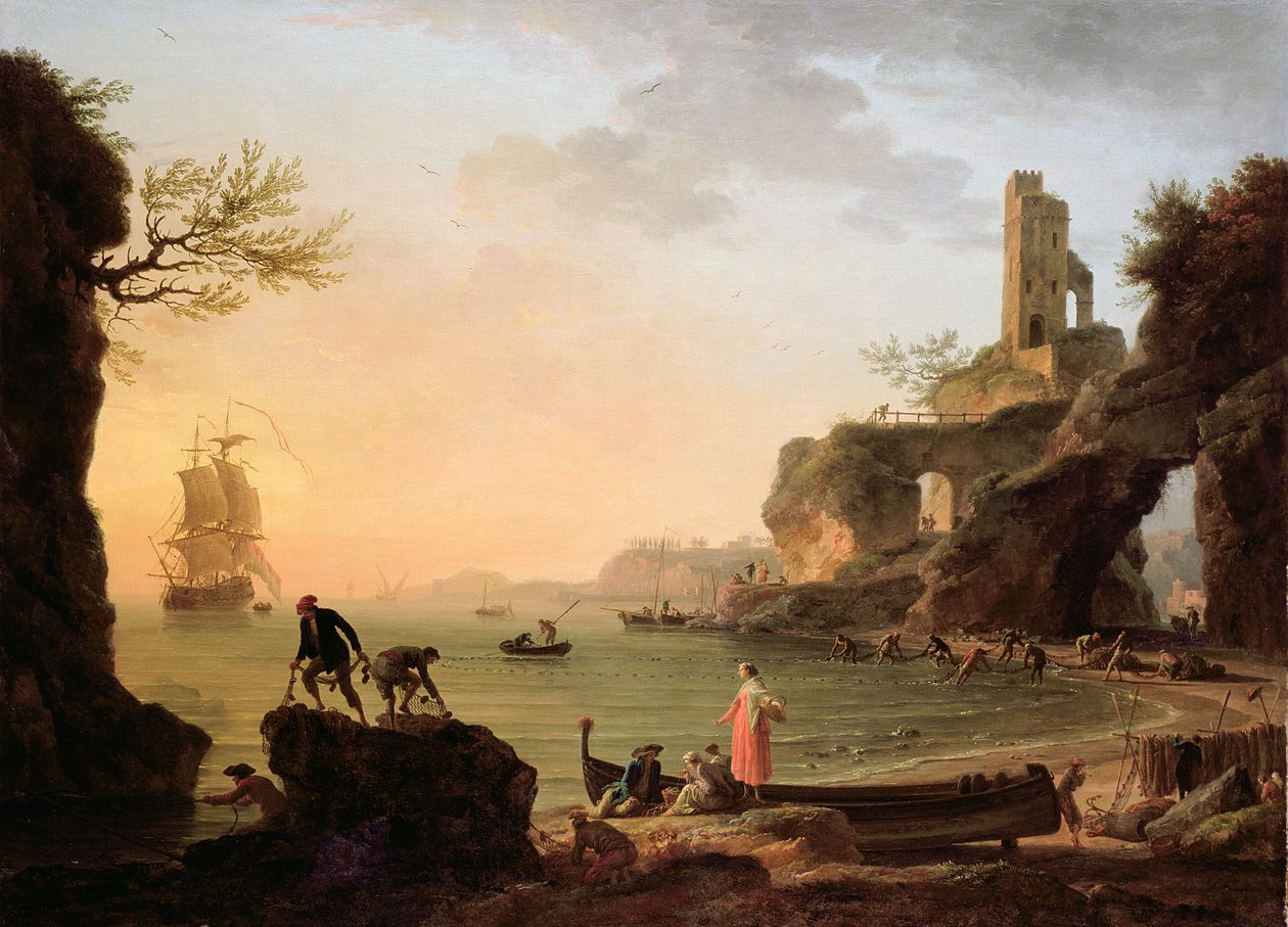 Solnedgang, fiskere som trekker i garnene sine, 1760 av Claude Joseph Vernet