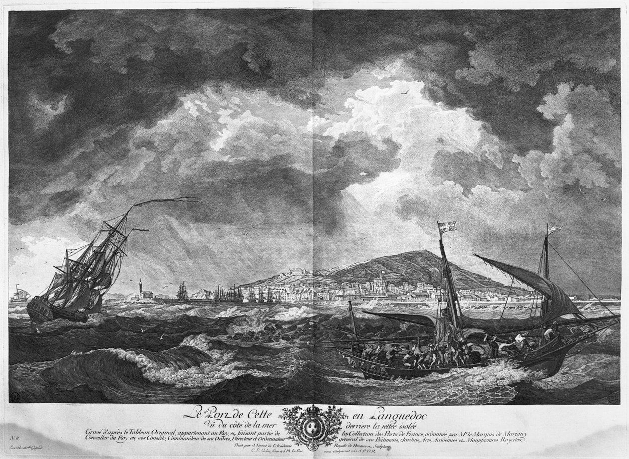 Havnen i Cette i Languedoc sett fra havet bak den isolerte bryggen, serie av 