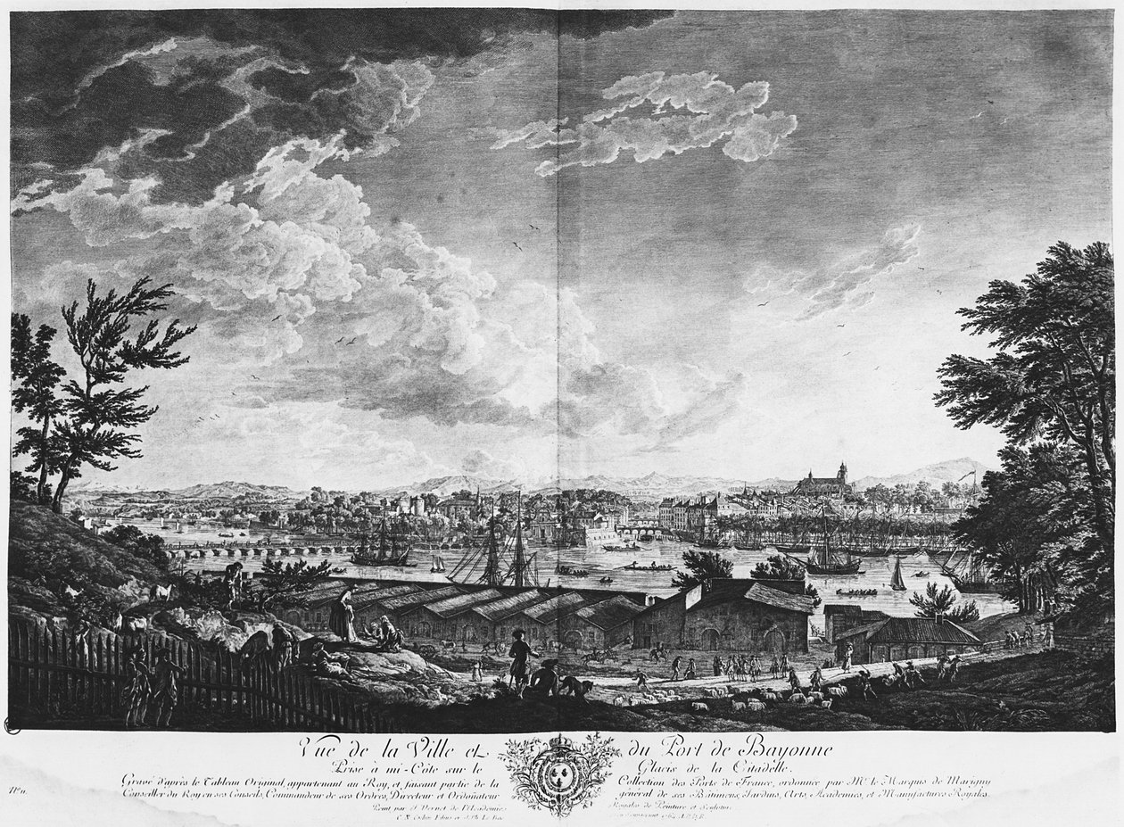 Utsikt over byen og havnen i Bayonne sett fra halvveis ned i citadellet, serie av 