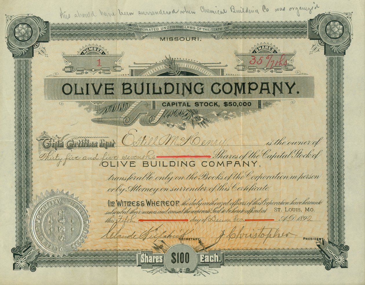 Olive Street Building Company aksjesertifikat utstedt til Estill M. Henry, 5. desember 1892 av Claude Kirkpatrick