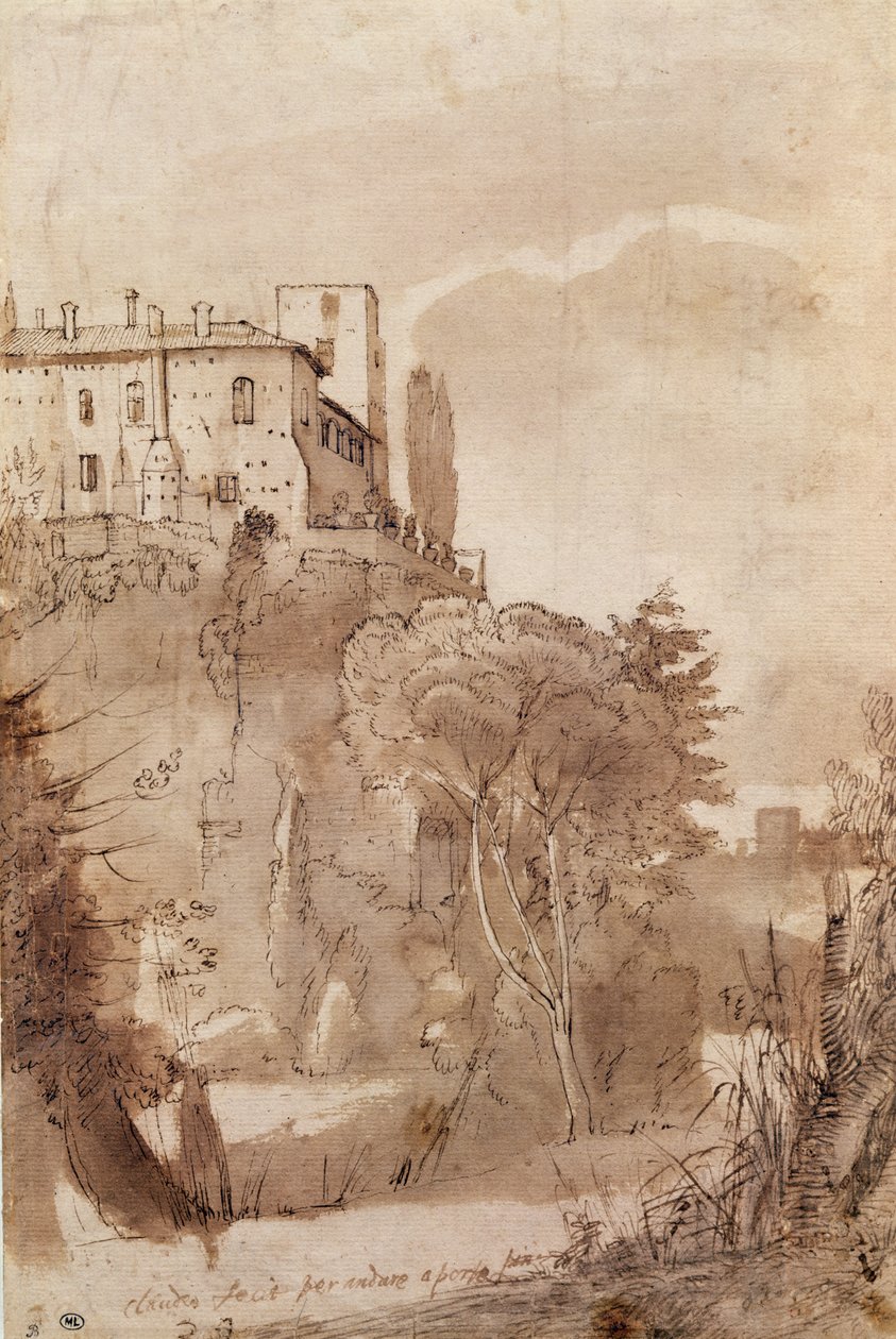 En vei utenfor Romas murer, ca. 1627-30 (penn og blekkvask på papir) av Claude Lorrain
