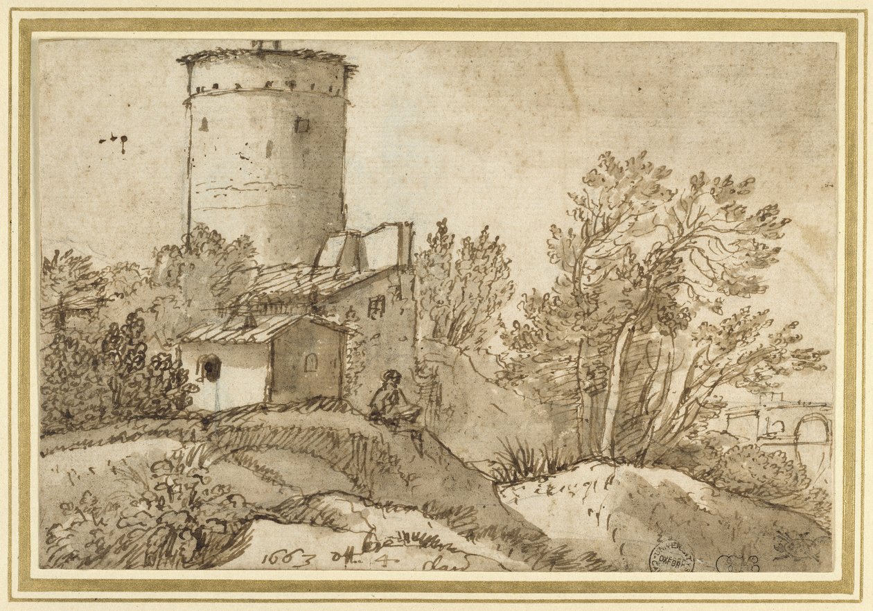 Gårdsbygninger ved Tiberen, 1663 (svart kritt med penn og brunt blekk og brun vask på off-white papir) av Claude Lorrain