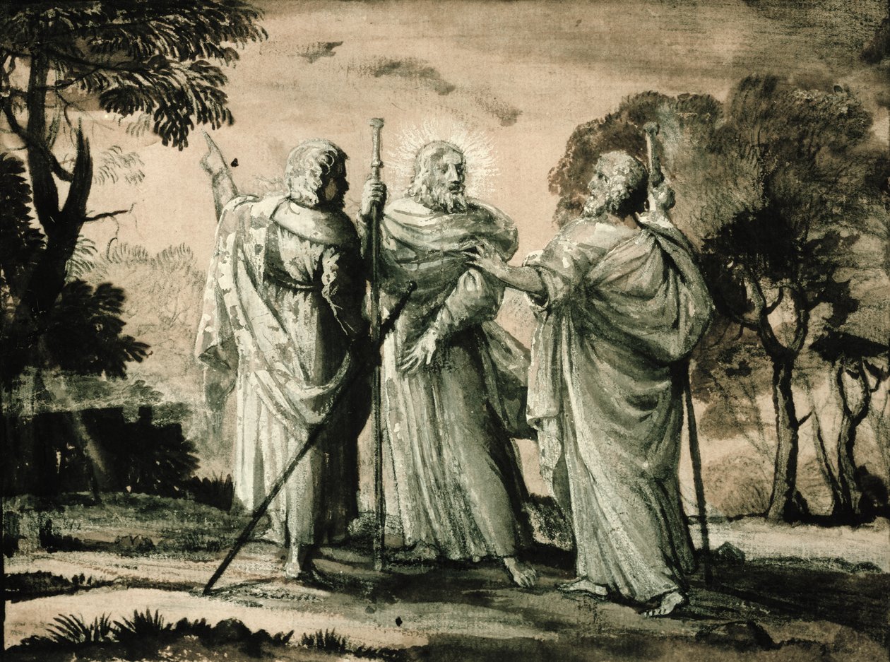 Reisen til Emmaus (svart kritt og gouache på papir) av Claude Lorrain