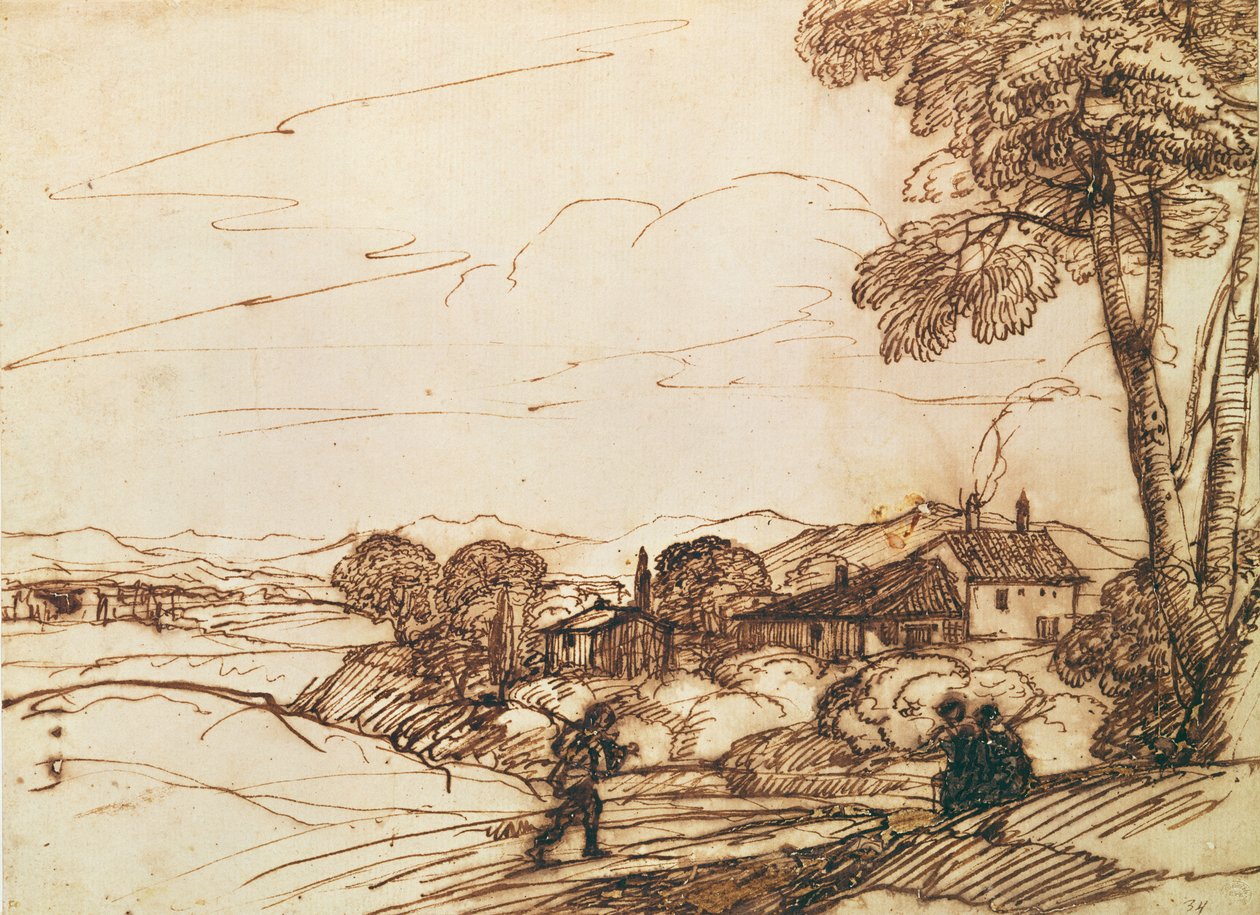 Landskap (penn og bistre og vask på papir) av Claude Lorrain