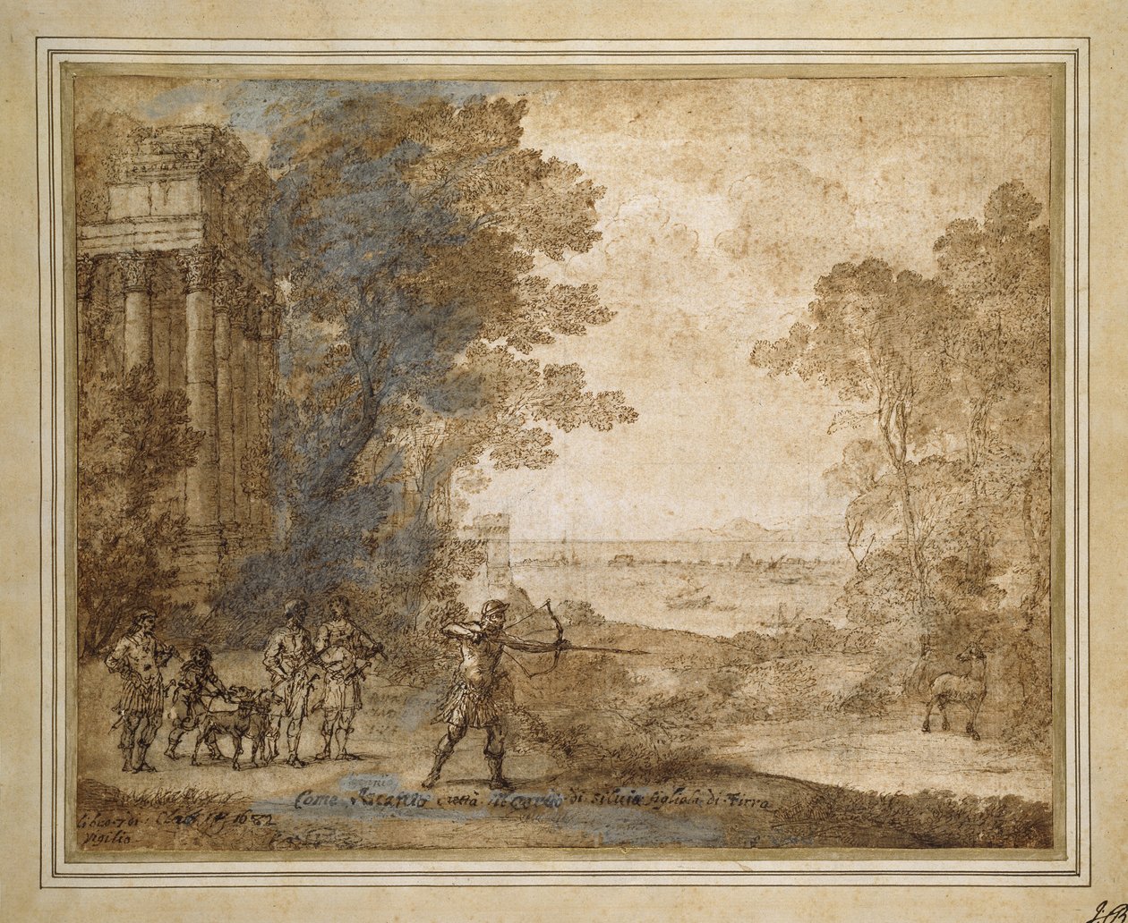 Landskap med Ascanius Shooting the Stag of Sylvia, 1680-82 (Svak svart kritt med penn og brunt blekk, brun vask og hvit kroppsfarge) av Claude Lorrain