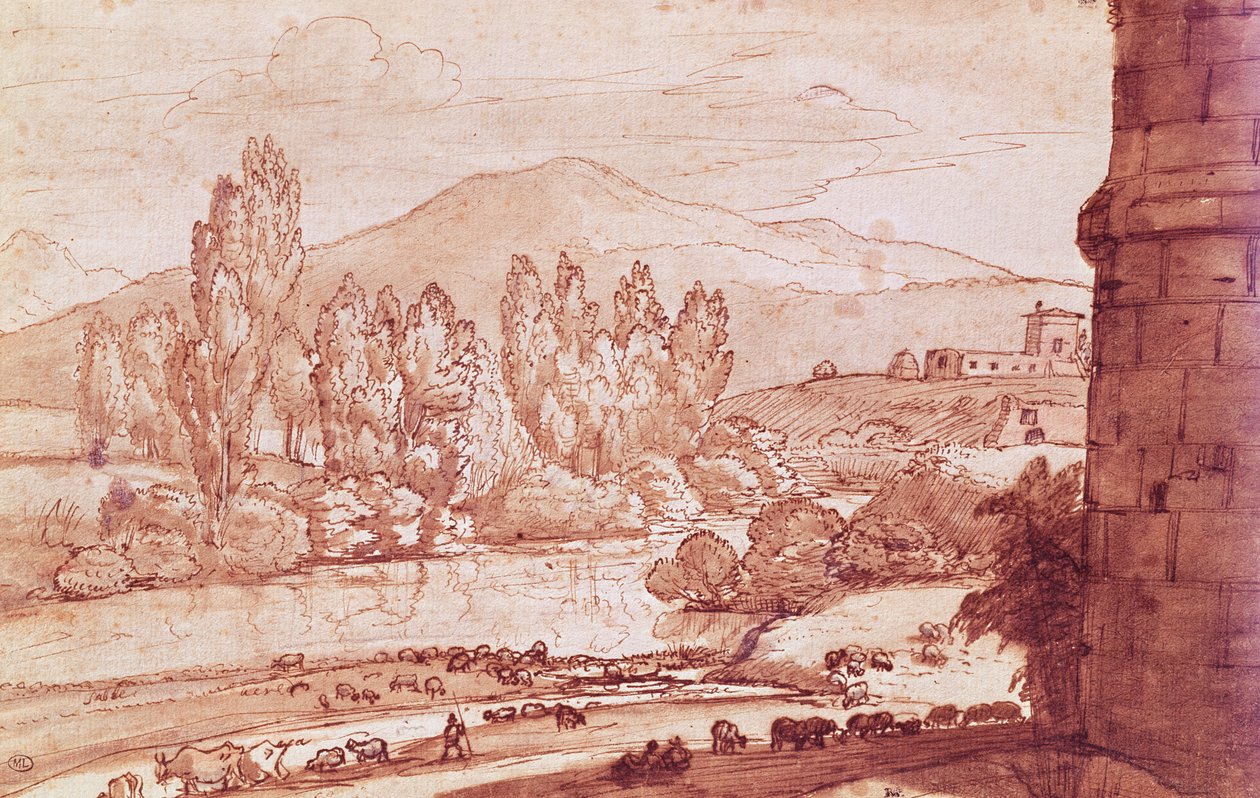 Landskap med en elv, en flokk med storfe og en gjeter (penn, wc og bistre vask) av Claude Lorrain
