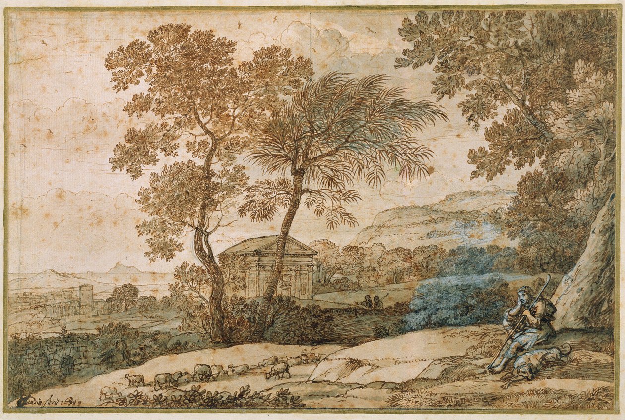 Landskap med en gjeter og hunden hans (penn og blekk på papir) av Claude Lorrain