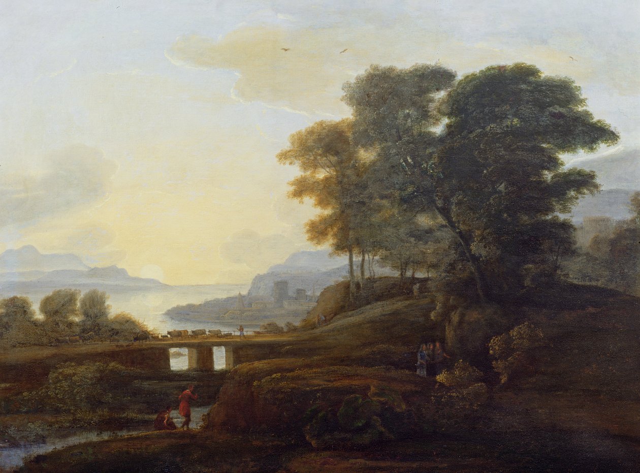 Landskap med storfe og geiter som krysser en bro av Claude Lorrain