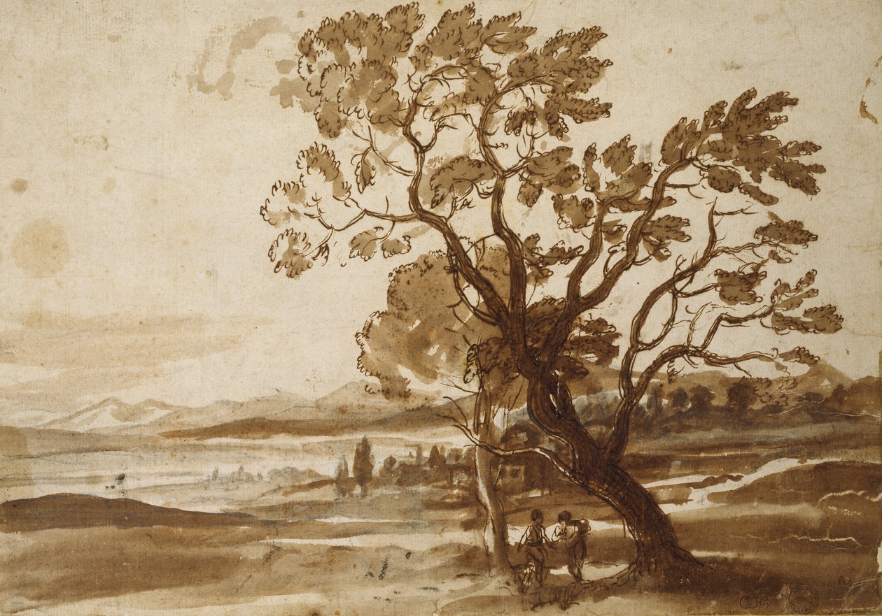 Landskap med to trær, ca. 1638 (svart kritt med penn og brunt blekk og brun vask på off-white papir) av Claude Lorrain