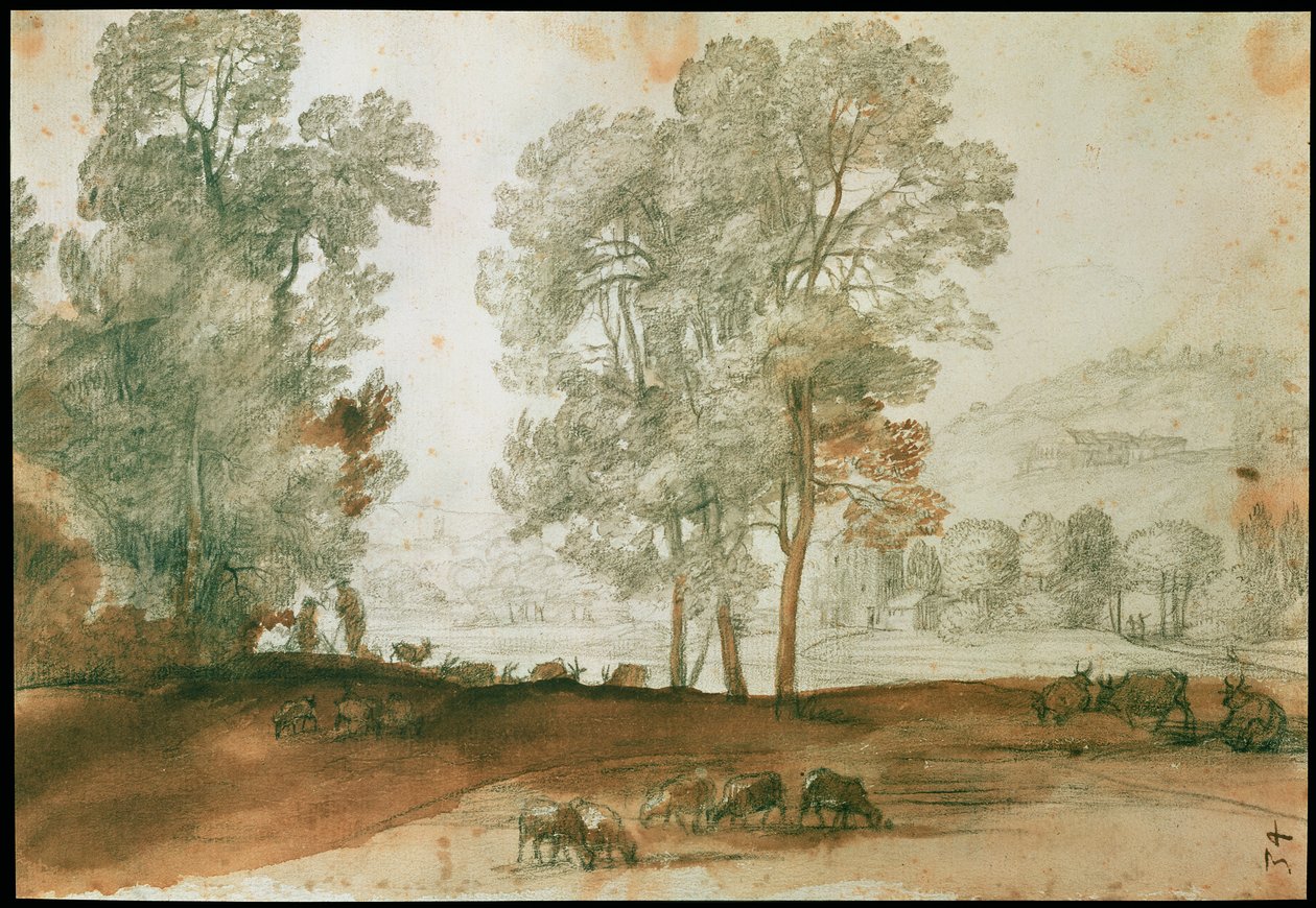 Pastoralt landskap (svart kritt og vask på papir) av Claude Lorrain