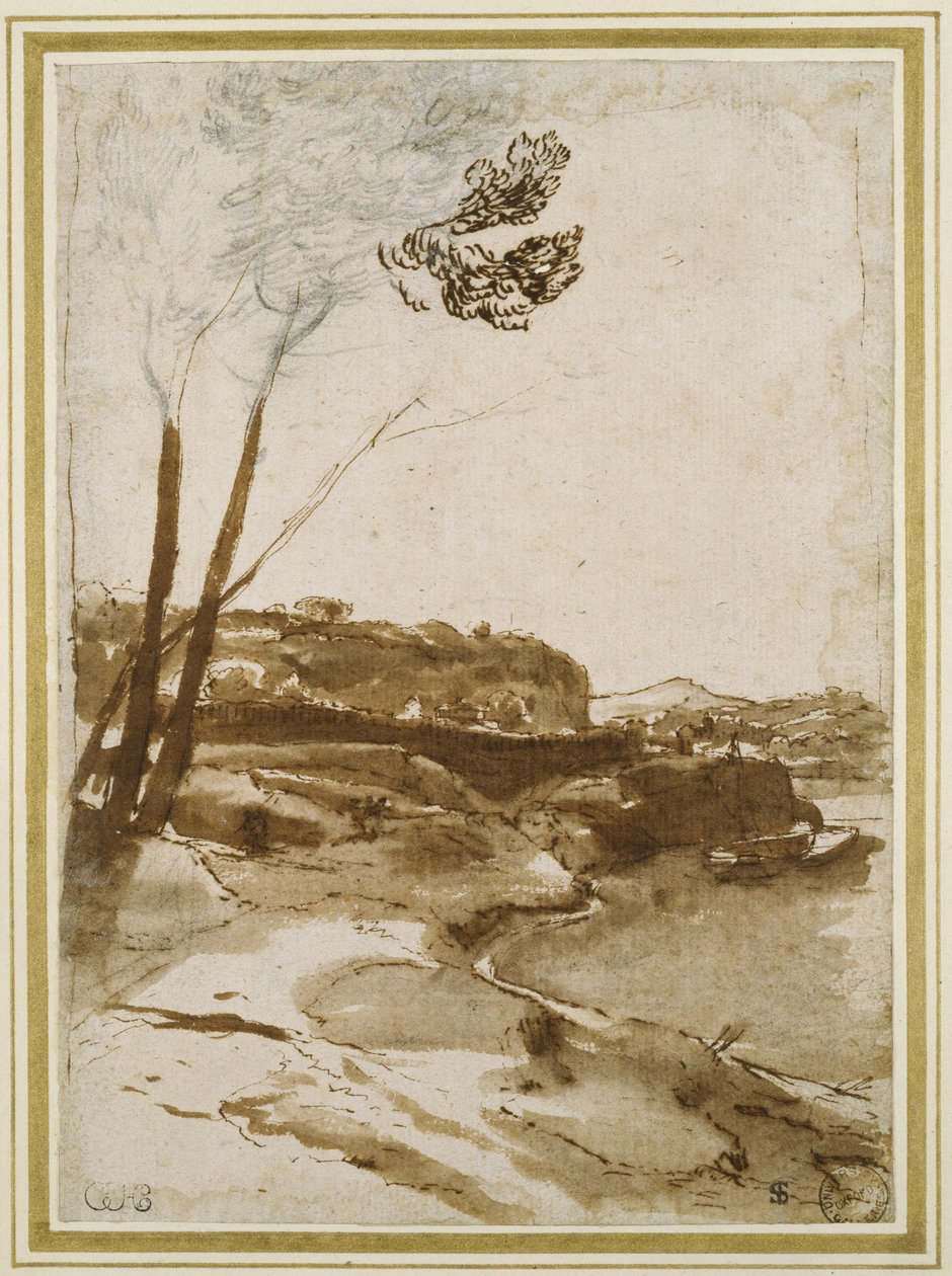 Sti langs Tiberen, ca. 1635-40 (svart kritt med penn og brunt blekk og brun vask på hvitt papir) av Claude Lorrain