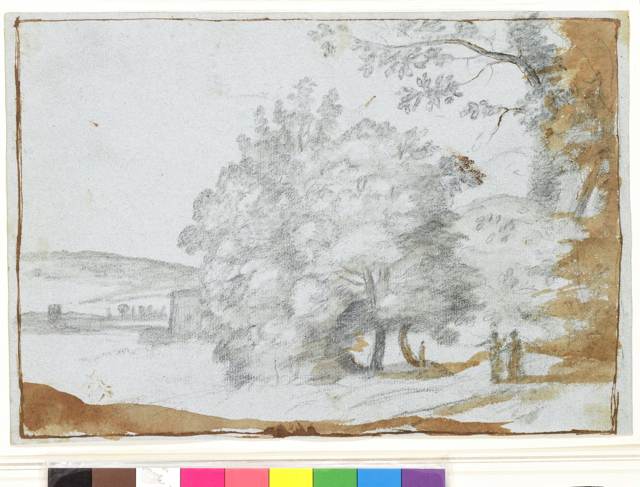 Solbelyst landskap med trær (svart kritt og brun vask på papir) av Claude Lorrain