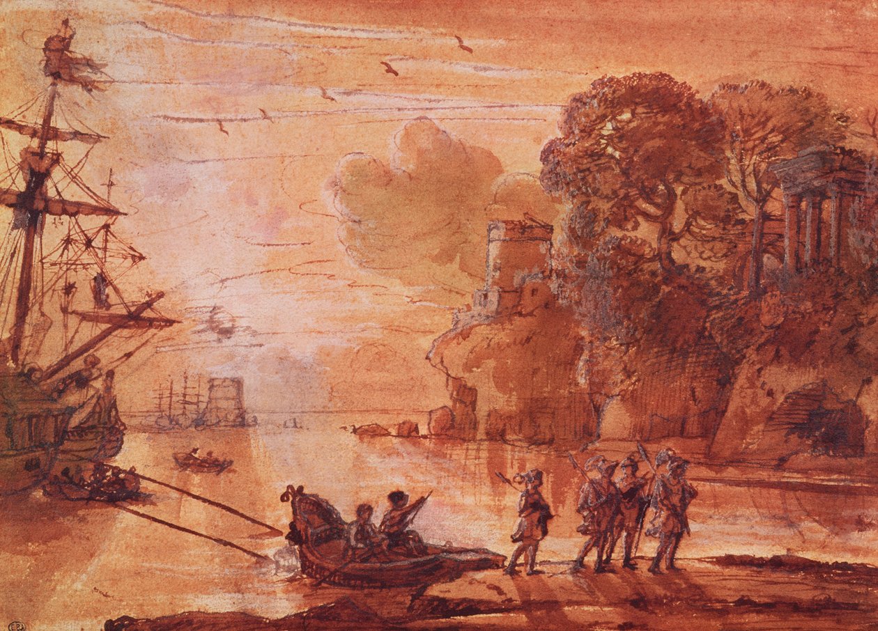 The Disembarkation of Warriors in a Port, muligens Aeneas in Latium, 1660-65 (penn og blekkvask med gouache på papir) av Claude Lorrain