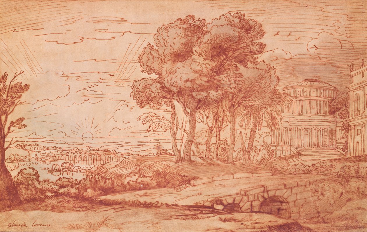 Apollon-tempelet på øya Delos, ca. 1648 (penn, vask og bistre blekk) av Claude Lorrain