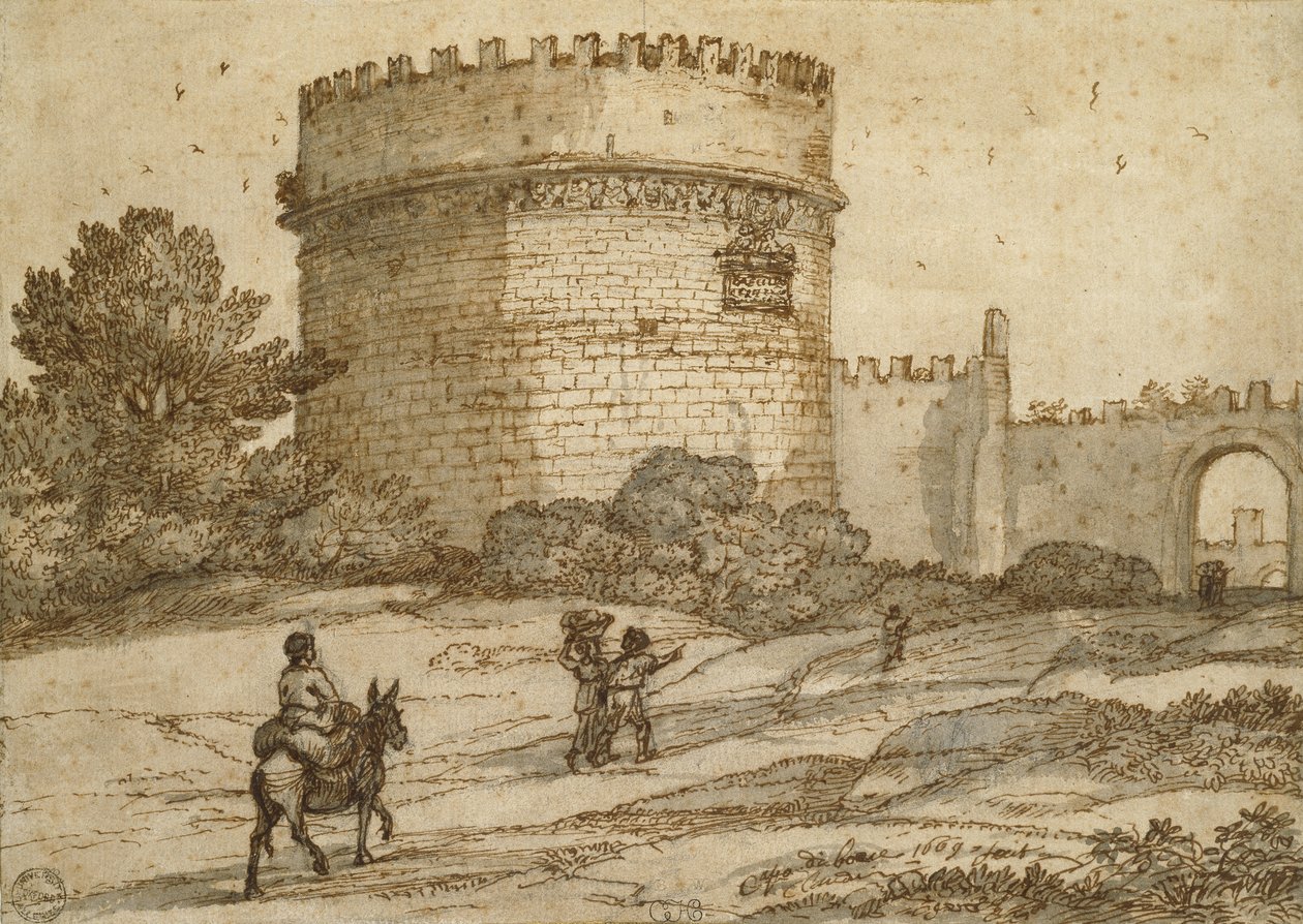 Graven til Cecilia Metella, 1669 (svart kritt med penn og brunt blekk og gråbrune vasker på et off-white papir med fin overflate) av Claude Lorrain