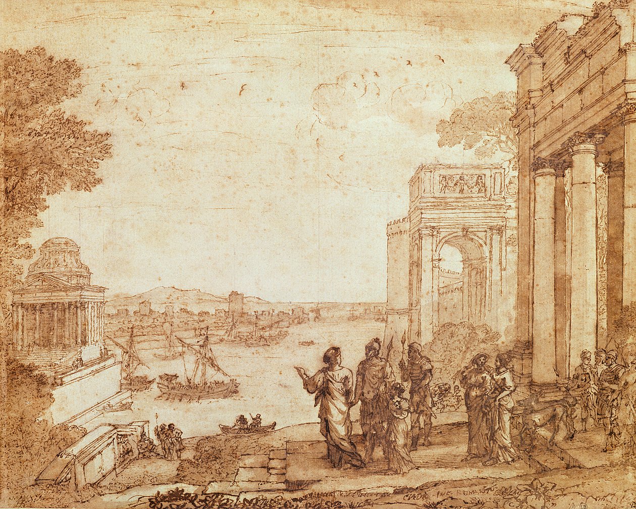 Utsikt over Kartago med Dido og Aeneas (penn, akvarell og bistrevask) av Claude Lorrain