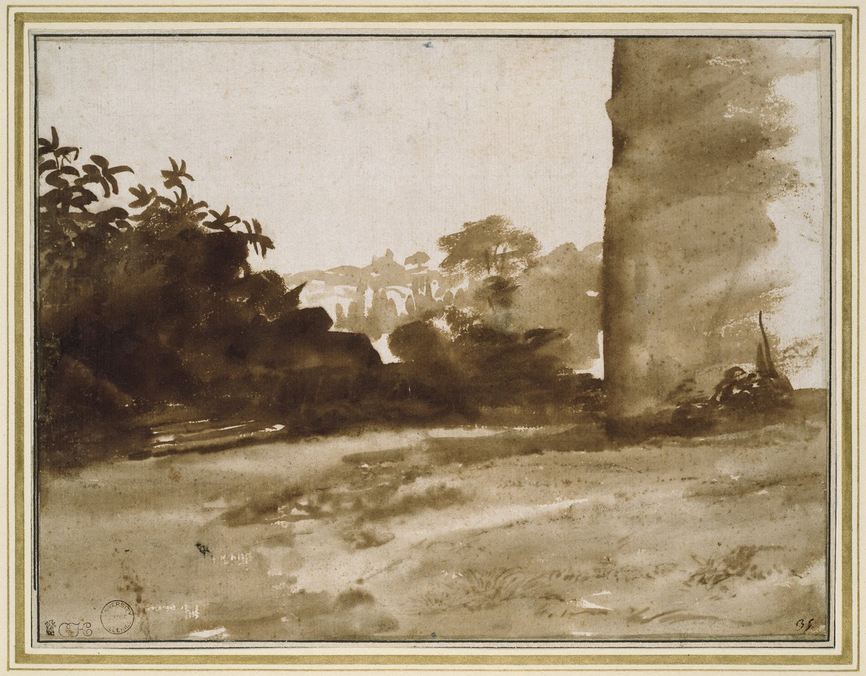 Utsikt over buskad med en vegg til høyre, ca. 1640 (svake spor av svart kritt med pensel og brun vask på hvitt papir) av Claude Lorrain