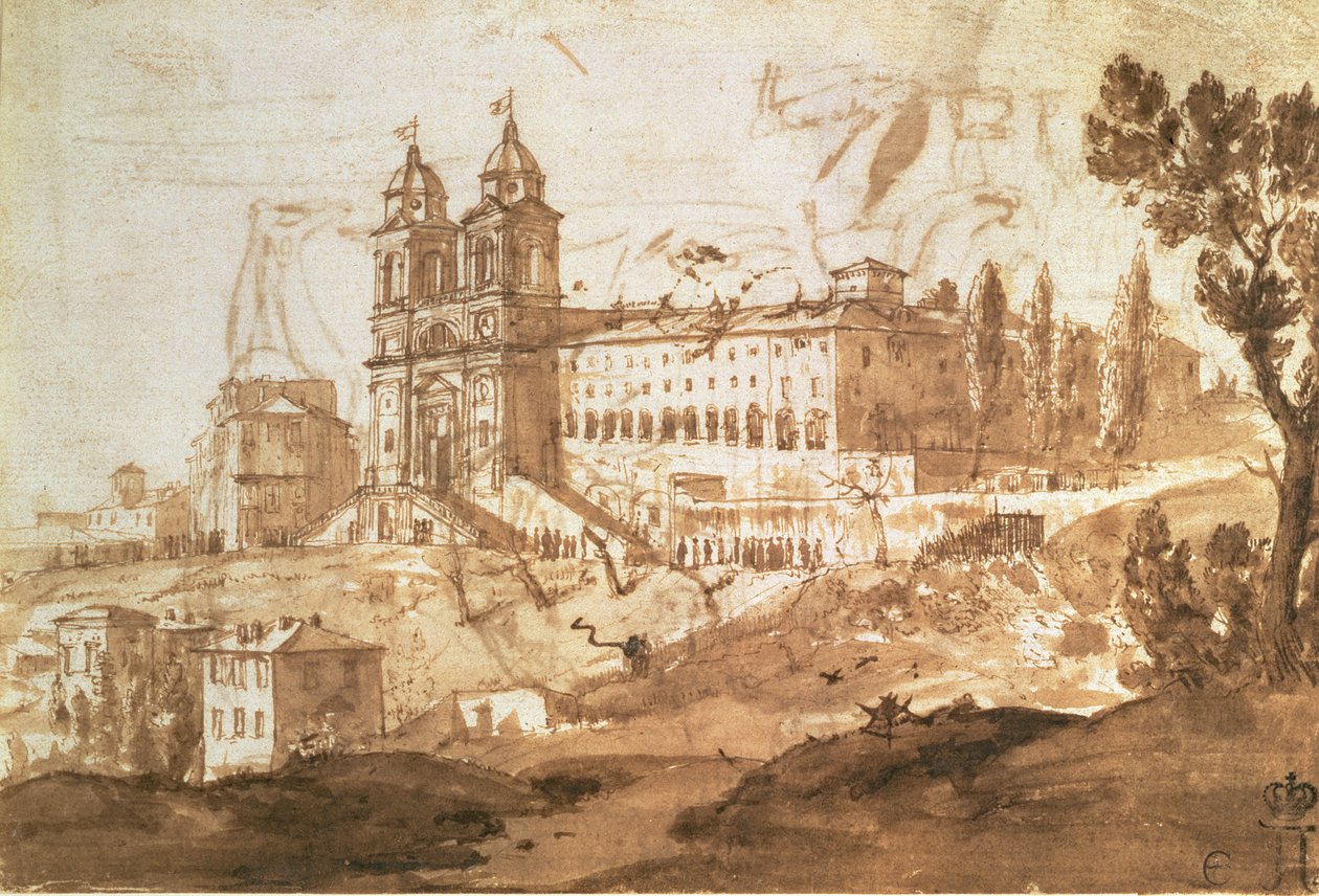 Utsikt over kirken S. Trinita dei Monti, Roma, ca. 1632 (penn og blekk med brun vask) av Claude Lorrain