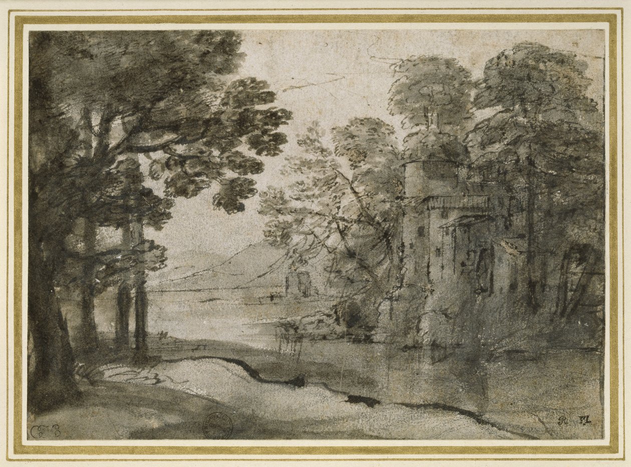Watermill among Trees, ca. 1635-38 (penn og svart blekk med grå vask over svart kritt på hvitt papir) av Claude Lorrain