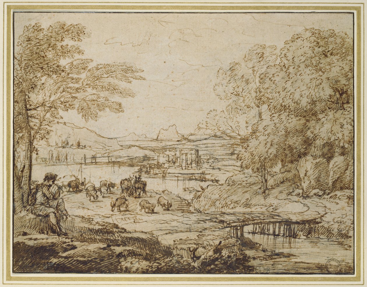 Ungdom som spiller et rør i et pastoralt landskap, ca. 1640-tallet (svart kritt med penn og brunt blekk og blekbrun vask på blekt beige papir) av Claude Lorrain