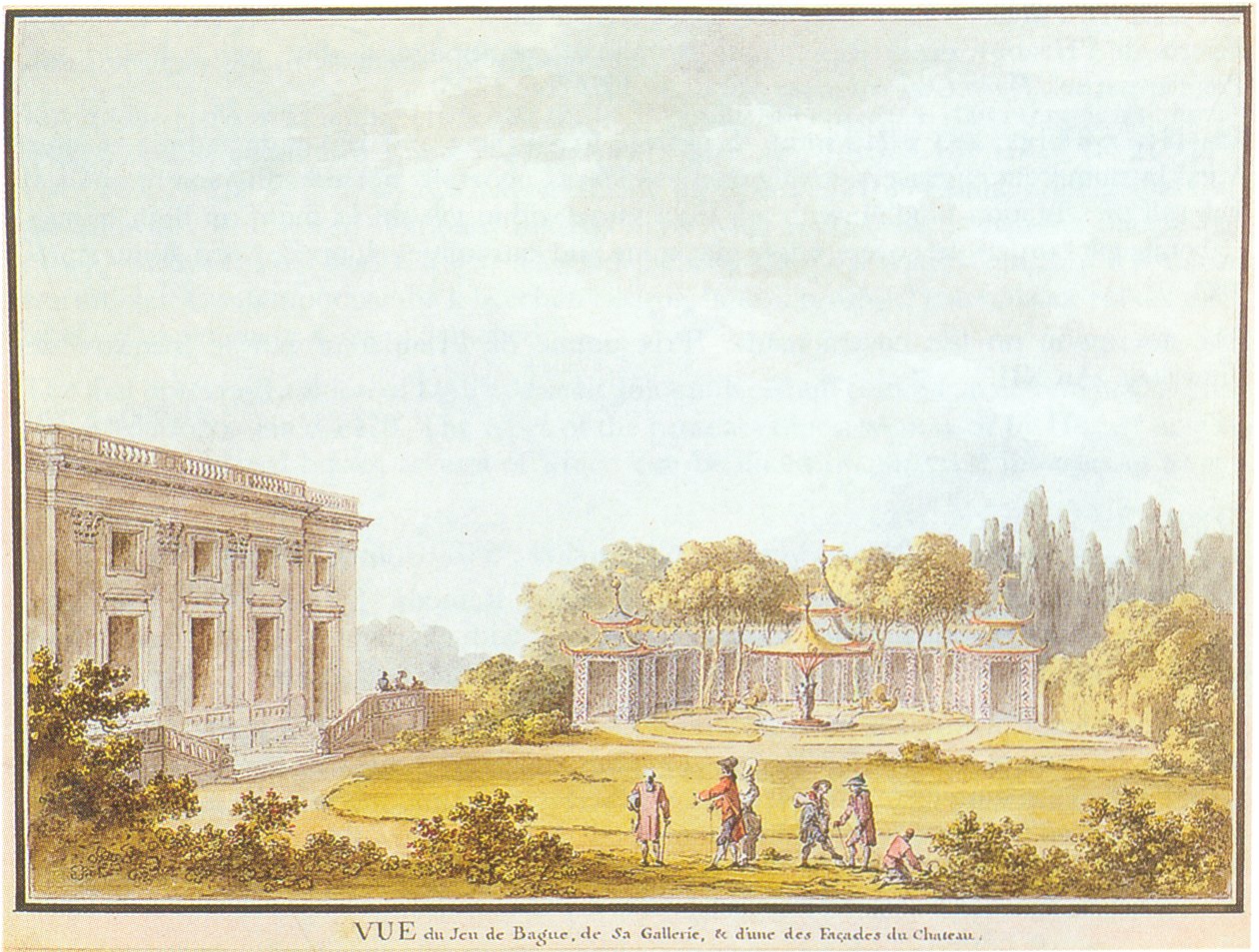 Utsikt over Jeu de Bague, galleriet og en av fasadene på slottet av Claude Louis Chatelet