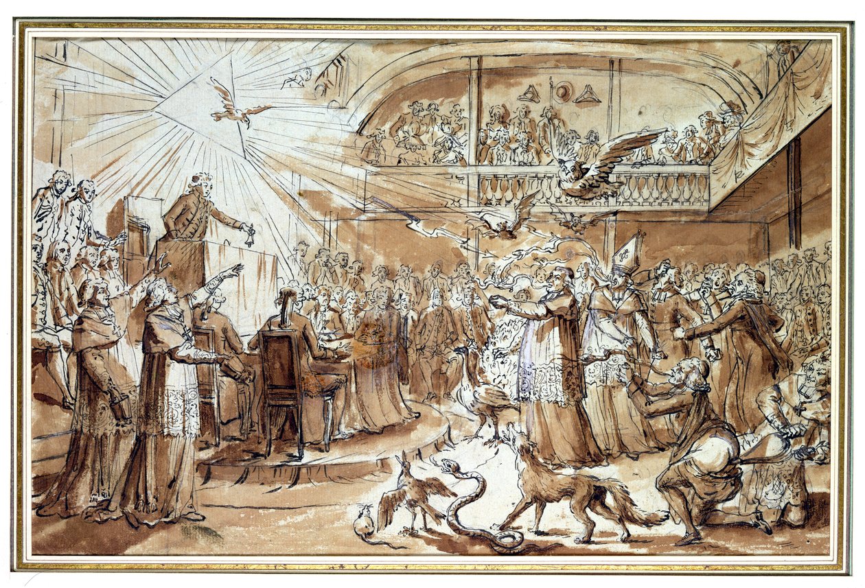Karikatur av presteskapet ved den konstituerende forsamlingen i desember 1790 som tilbakeviser påleggelsen av den sivile grunnloven på kirken, 1790 (penn og blekk og vask på papir) av Claude Louis Desrais