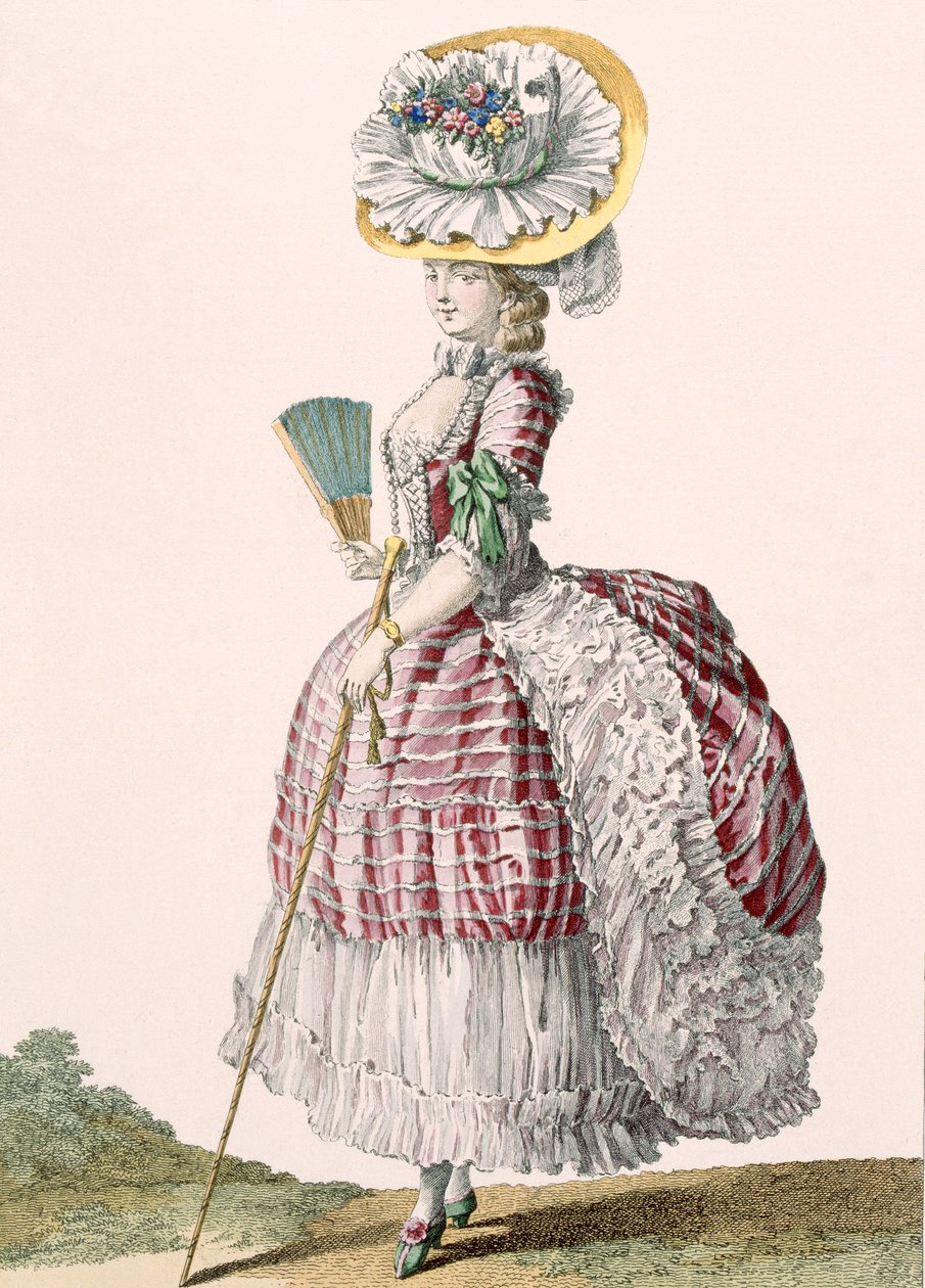 Dame kledd i en kjole i polonesestil, gravert av Dupin, plate nr. 82 fra 'Galeries des Modes et Costumes Francais', ca. 1778-87 av Claude Louis Desrais