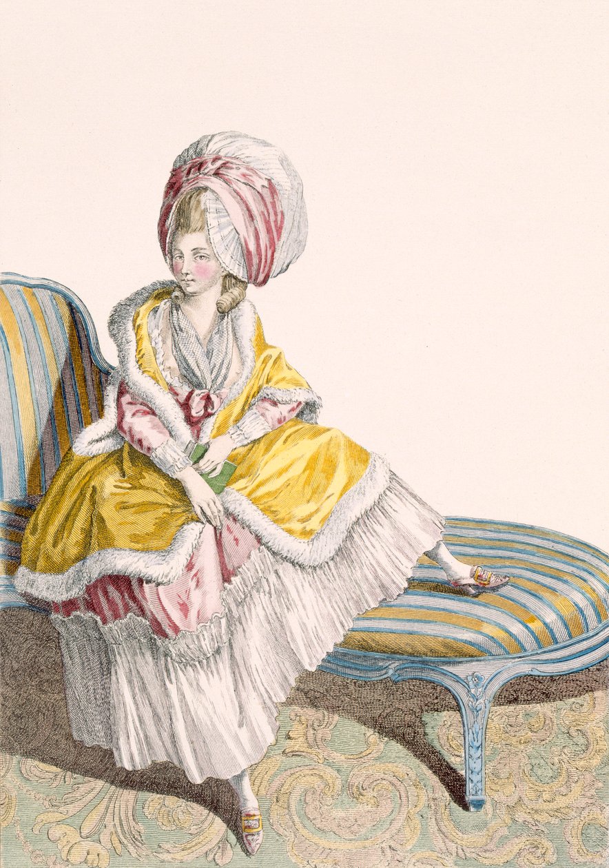 Dame i morgenkjole i sitron og rosa, gravert av Dupin, plate nr. 55 fra 
