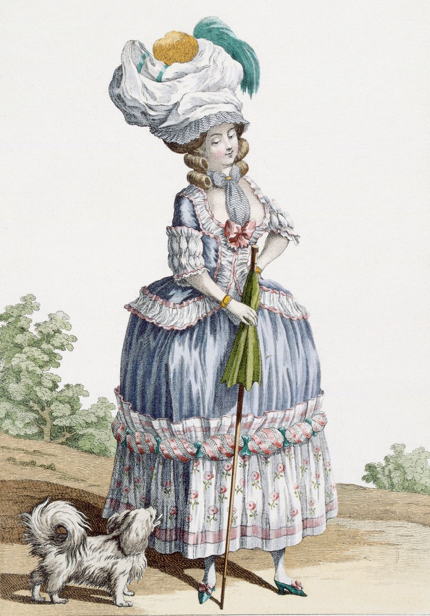 Dame går tur med hunden sin, gravert av Voysard, plate nr.28 fra 