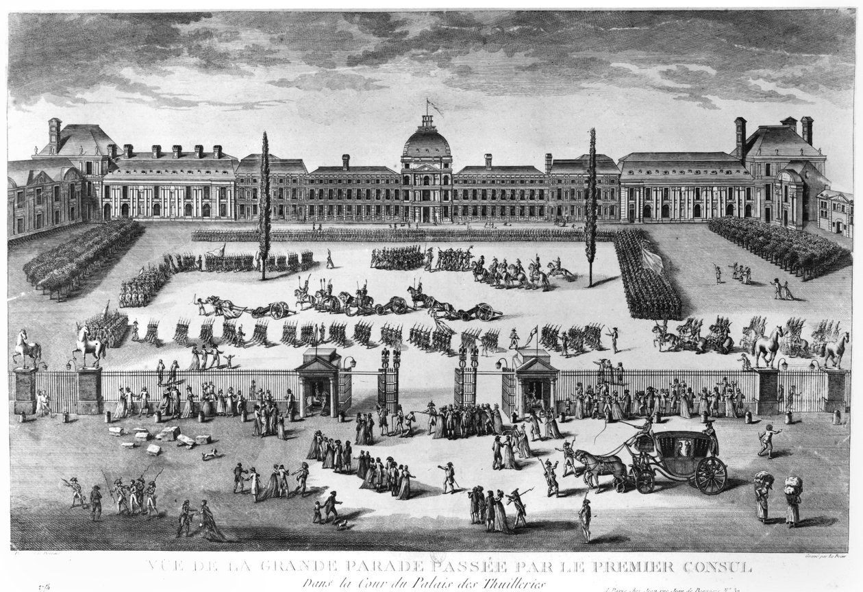Napoleon Bonaparte (1769-1821) Førstekonsul, gjennomgår troppene sine på gårdsplassen til Tuileries-palasset, gravert av Pierre Adrien Le Beau (f.1748) av Claude Louis Desrais