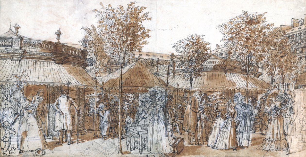Palais Royal Garden Walk i 1787 (penn og brunt blekk på papir) av Claude Louis Desrais