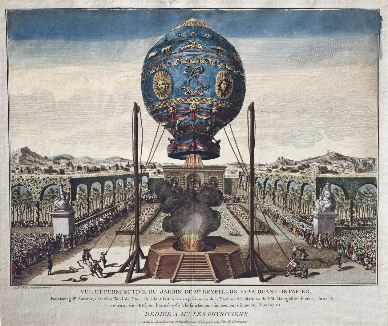 Utsikt over Montgolfier-brødrenes ballongeksperiment i hagen til M. Reveillon den 19. oktober 1783 av Claude Louis Desrais