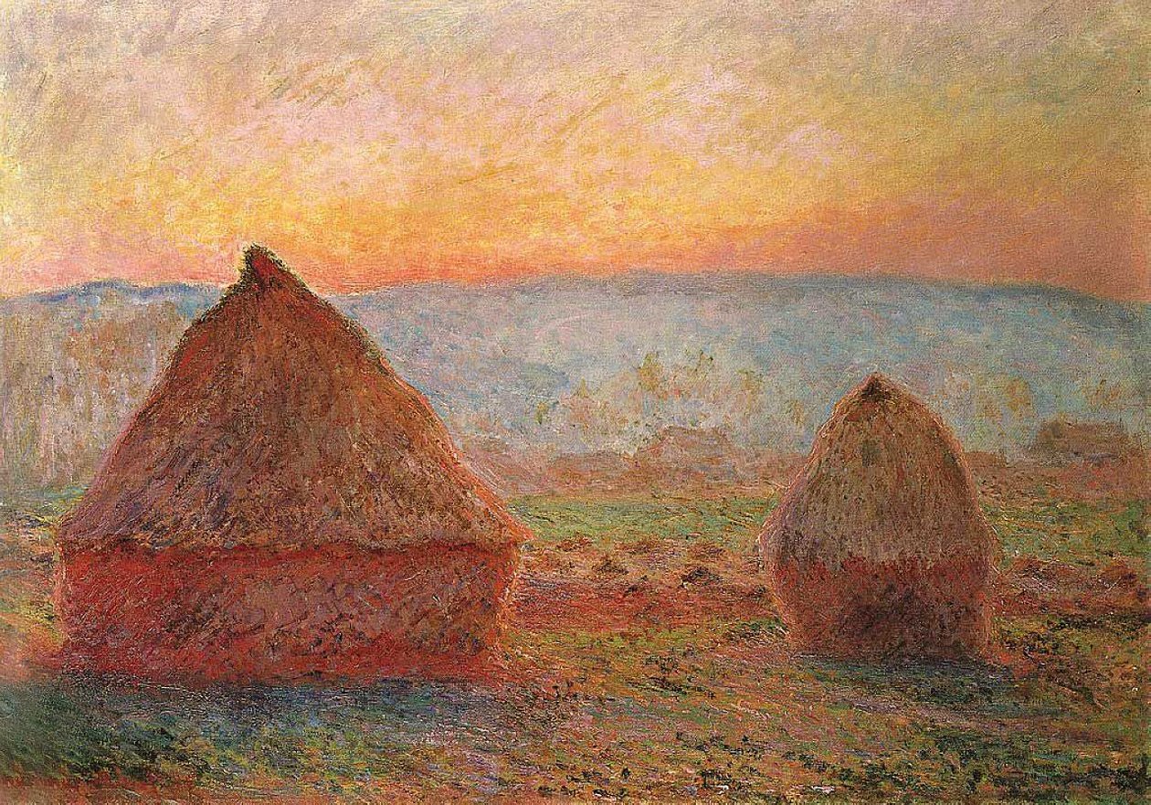 Les Meules på Giverny, solnedgang av Claude Monet
