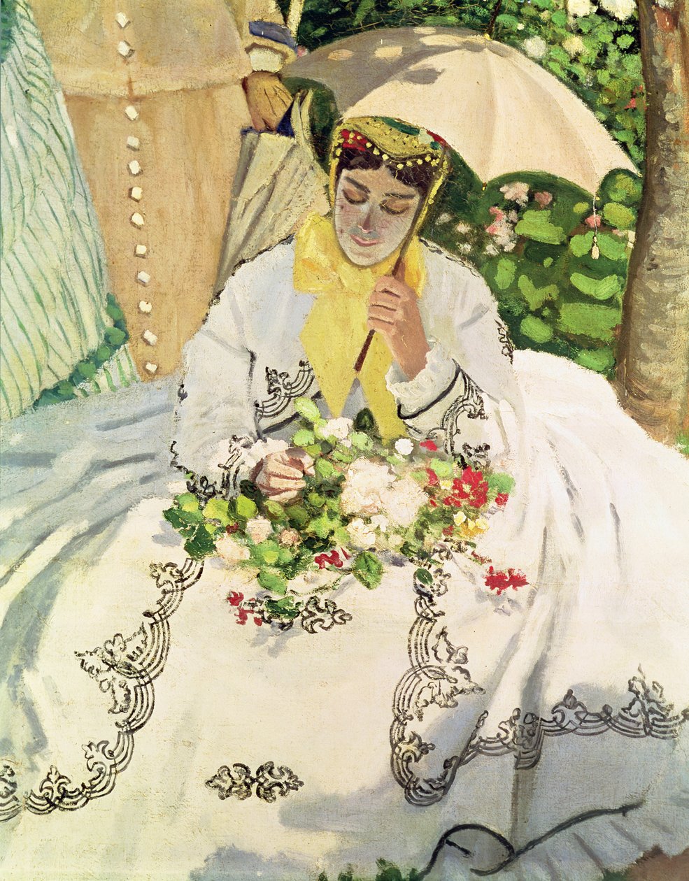 Femmes au jardin detalj av en sittende ung kvinne som bærer en parasoll, olje på lerret ca. 1866 av Claude Monet